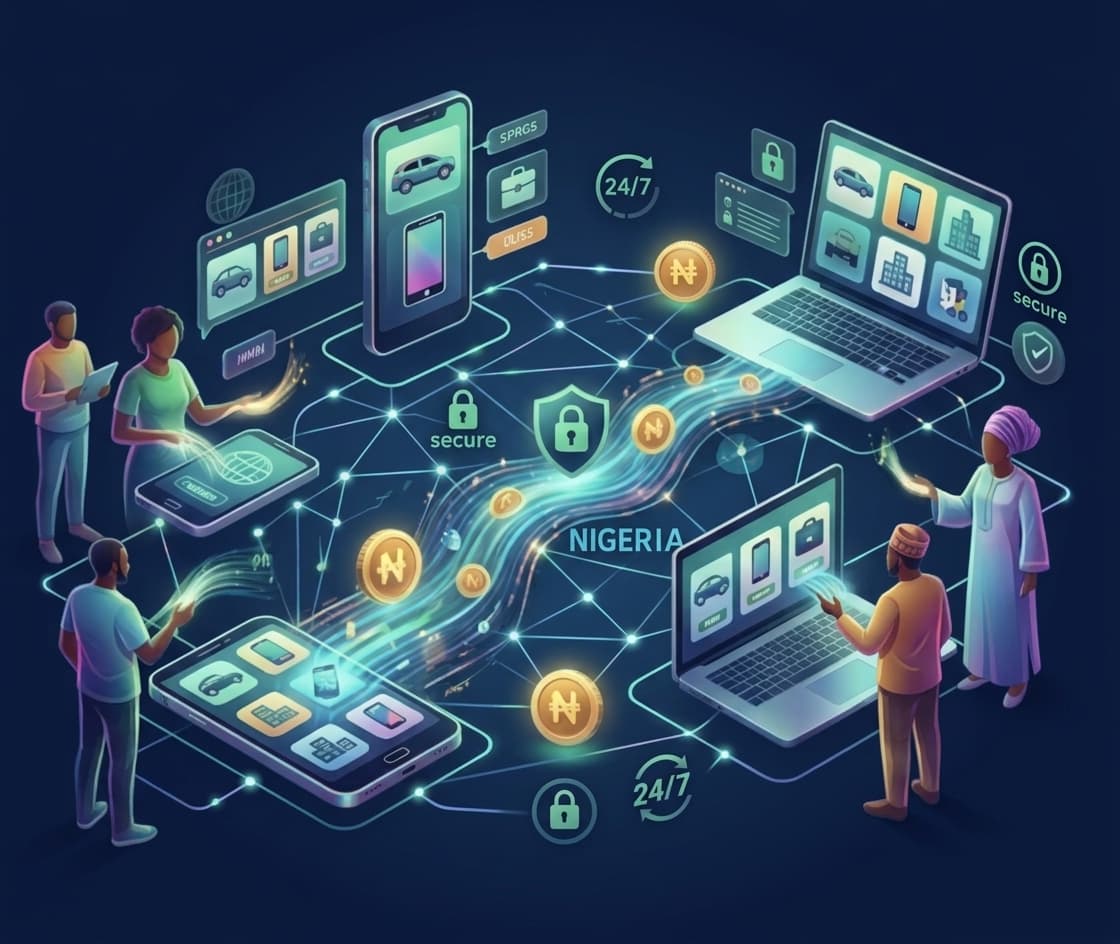 Illustration of buyers and sellers trading securely on 247Market across mobile, laptop and desktop